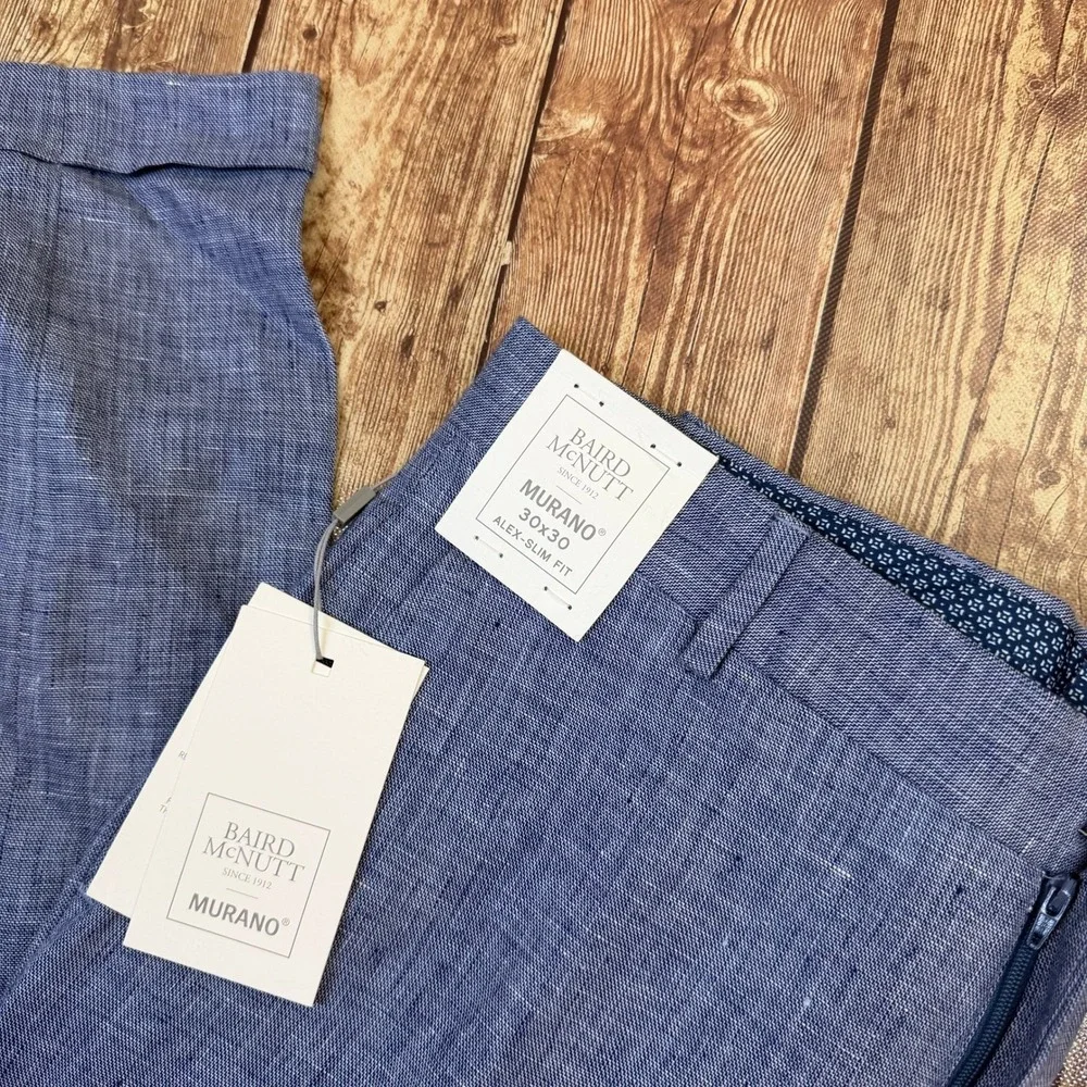 Murano Alex Slim Fit Pants Mens 30x30 Blue Baird McNutt Linen Cuffed Breathable